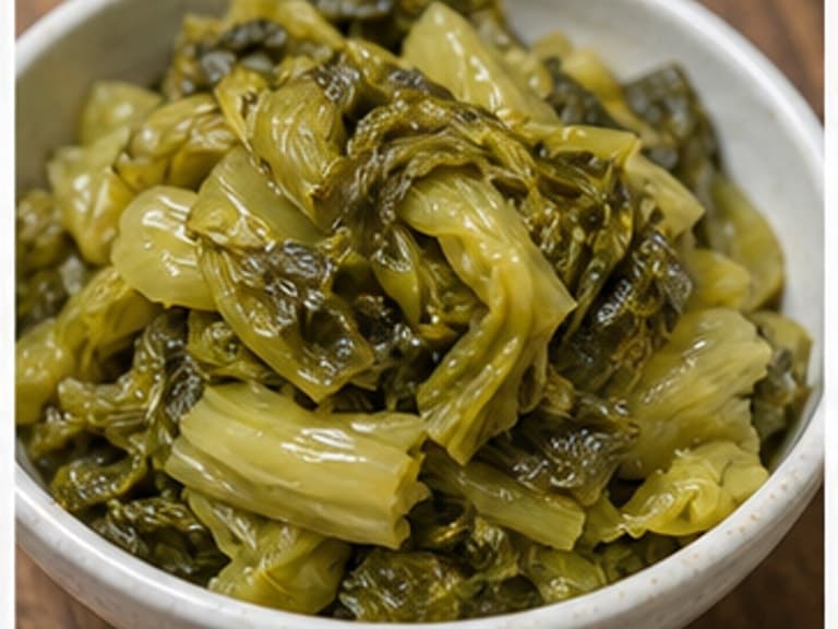 腌芥菜AI 拟真教学图:真实食材照片:必须是 腌芥菜 / pickled mustard greens 本身,最好体现按净重称量,烹饪前单独备好。;不能用成品菜、插画或普通替代品。