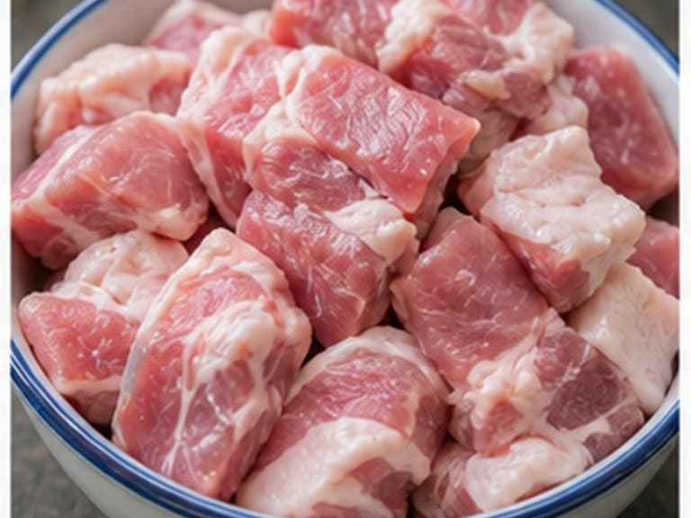 猪肉AI 拟真教学图:真实食材照片:必须是 猪肉 / pork 本身,最好体现按净重称量,烹饪前单独备好。;不能用成品菜、插画或普通替代品。