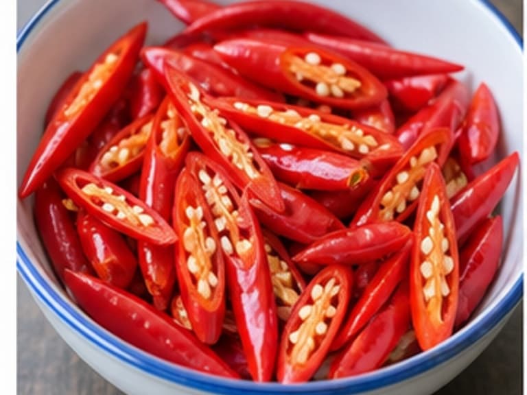 红辣椒AI 拟真教学图:真实食材照片:必须是 红辣椒 / red chili 本身,最好体现按净重称量,烹饪前单独备好。;不能用成品菜、插画或普通替代品。