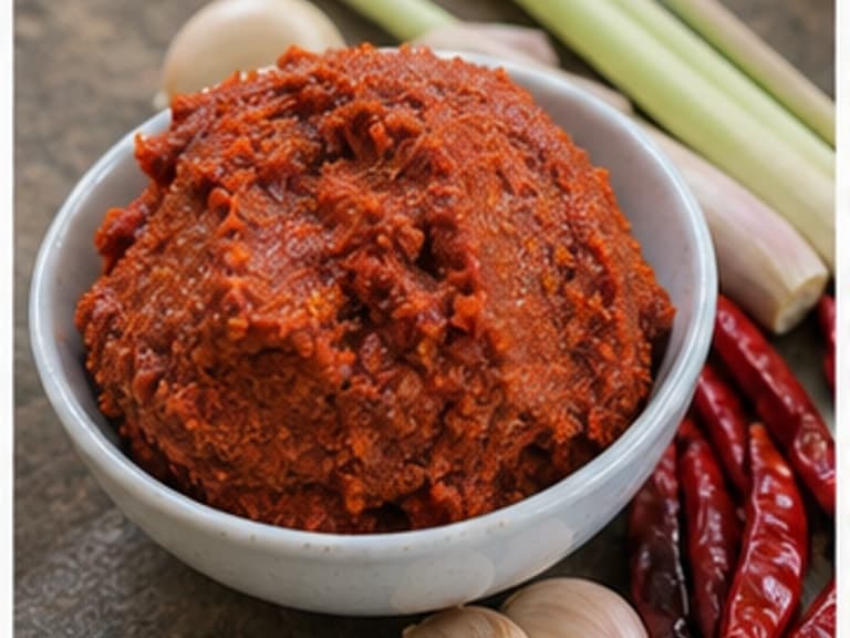 红咖喱酱AI 拟真教学图:真实食材照片:必须是 红咖喱酱 / red curry paste 本身,最好体现按净重称量,烹饪前单独备好。;不能用成品菜、插画或普通替代品。