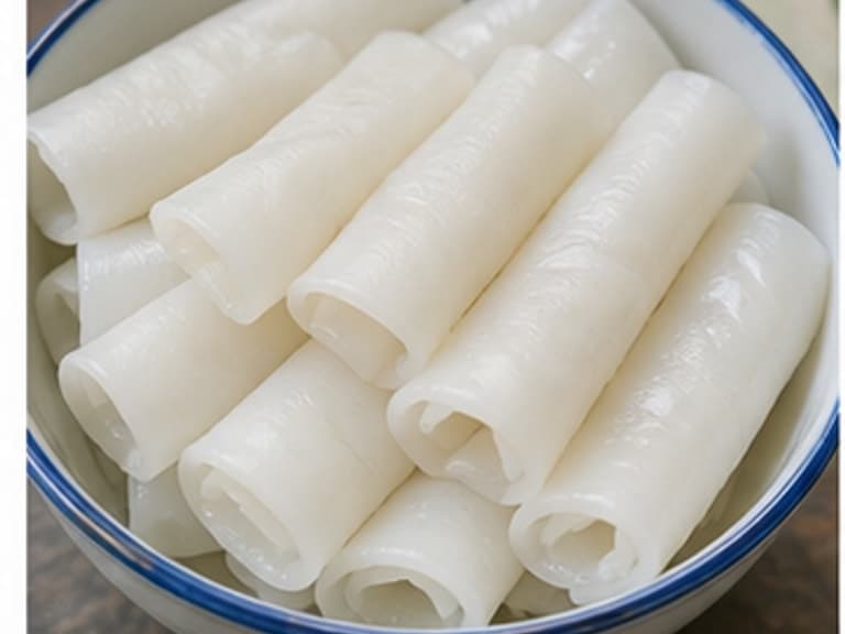 卷粉AI 拟真教学图:真实食材照片:必须是 卷粉 / rice noodle rolls 本身,最好体现按净重称量,烹饪前单独备好。;不能用成品菜、插画或普通替代品。