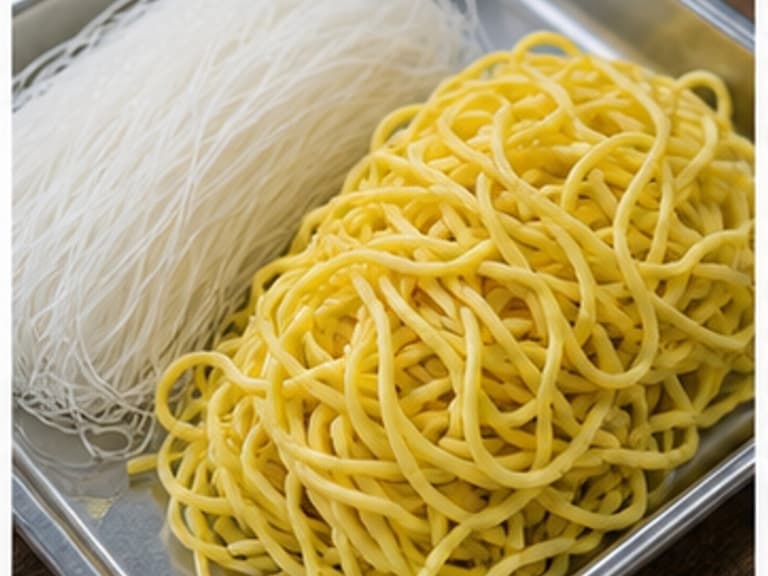 米粉或面条AI 拟真教学图:真实食材照片:必须是 米粉或面条 / rice noodles or noodles 本身,最好体现按净重称量,烹饪前单独备好。;不能用成品菜、插画或普通替代品。