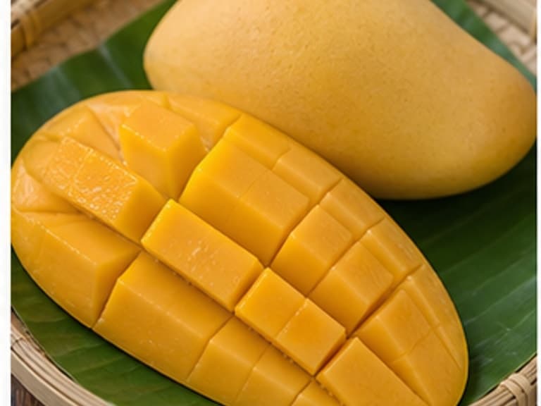 熟芒果AI 拟真教学图:真实食材照片:必须是 熟芒果 / ripe mangoes 本身,最好体现按净重称量,烹饪前单独备好。;不能用成品菜、插画或普通替代品。