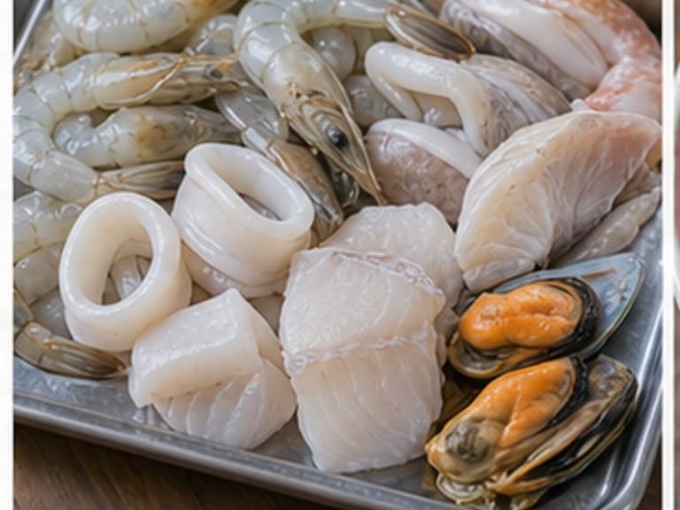 海鲜AI 拟真教学图:真实食材照片:必须是 海鲜 / seafood 本身,最好体现按净重称量,烹饪前单独备好。;不能用成品菜、插画或普通替代品。