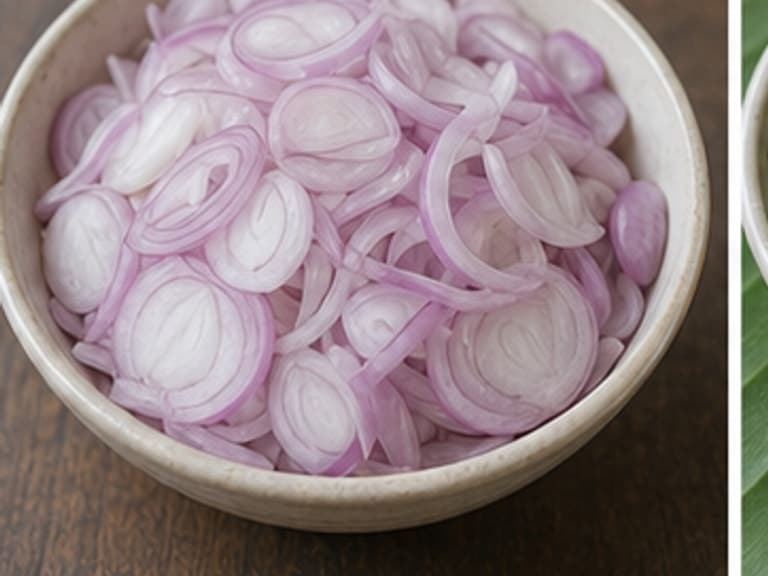 红葱头AI 拟真教学图:真实食材照片:必须是 红葱头 / shallots 本身,最好体现切碎。;不能用成品菜、插画或普通替代品。