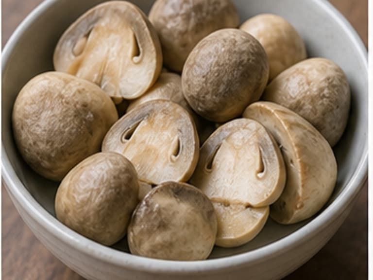 草菇AI 拟真教学图:真实食材照片:必须是 草菇 / straw mushrooms 本身,最好体现对半切;可用白蘑菇临时代替。;不能用成品菜、插画或普通替代品。