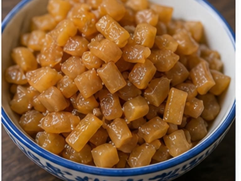 甜萝卜干AI 拟真教学图:真实食材照片:必须是 甜萝卜干 / sweet preserved radish 本身,最好体现切碎,提供街头摊味。;不能用成品菜、插画或普通替代品。
