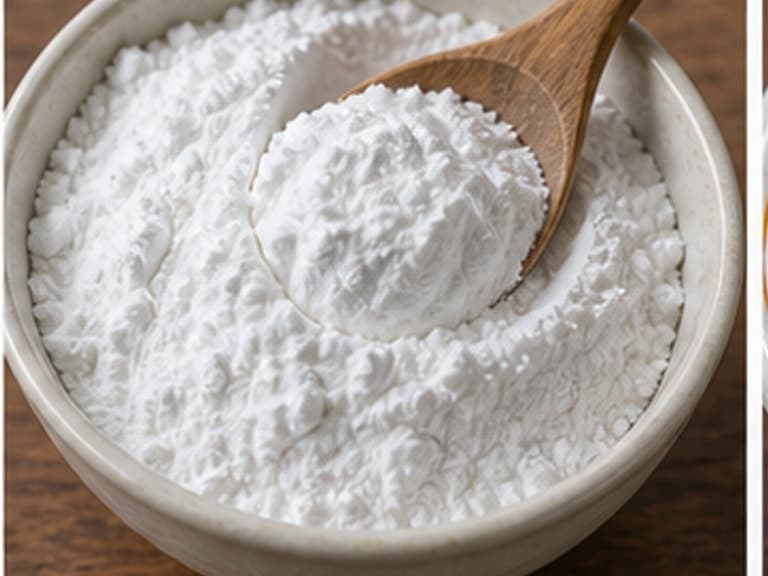 木薯粉AI 拟真教学图:真实食材照片:必须是 木薯粉 / tapioca starch 本身,最好体现按净重称量,烹饪前单独备好。;不能用成品菜、插画或普通替代品。
