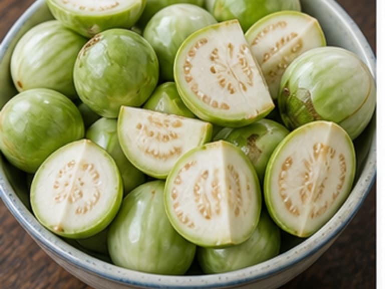 泰国小茄子AI 拟真教学图:真实食材照片:必须是 泰国小茄子 / Thai eggplant 本身,最好体现切四瓣后泡 1% 盐水。;不能用成品菜、插画或普通替代品。