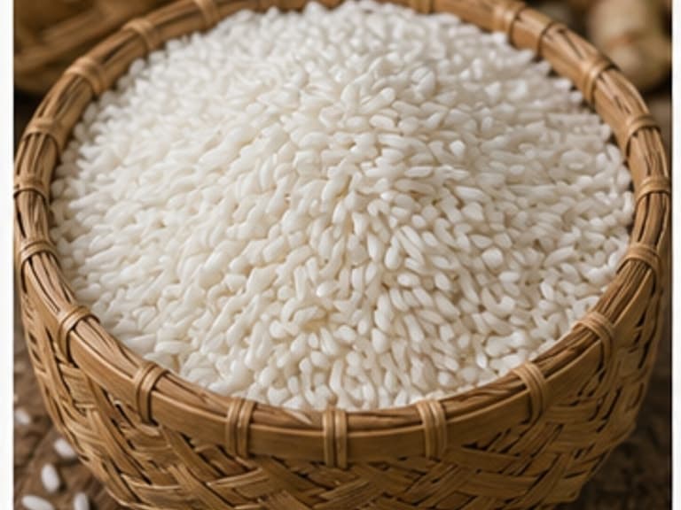 泰国糯米AI 拟真教学图:真实食材照片:必须是 泰国糯米 / Thai glutinous rice 本身,最好体现浸泡 4 小时以上。;不能用成品菜、插画或普通替代品。