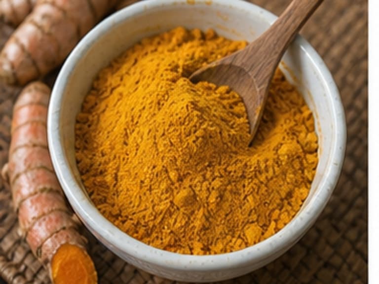 姜黄粉AI 拟真教学图:真实食材照片:必须是 姜黄粉 / turmeric powder 本身,最好体现按净重称量,烹饪前单独备好。;不能用成品菜、插画或普通替代品。