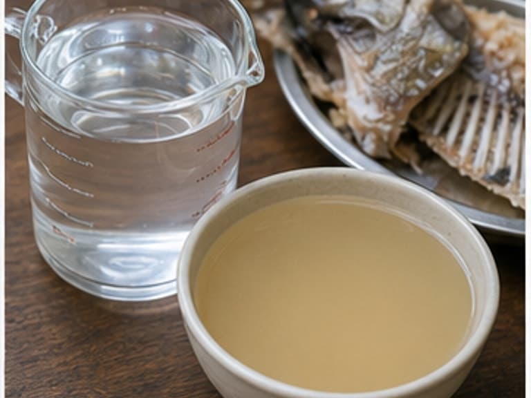 水或鱼汤AI 拟真教学图:真实食材照片:必须是 水或鱼汤 / water or fish stock 本身,最好体现按净重称量,烹饪前单独备好。;不能用成品菜、插画或普通替代品。