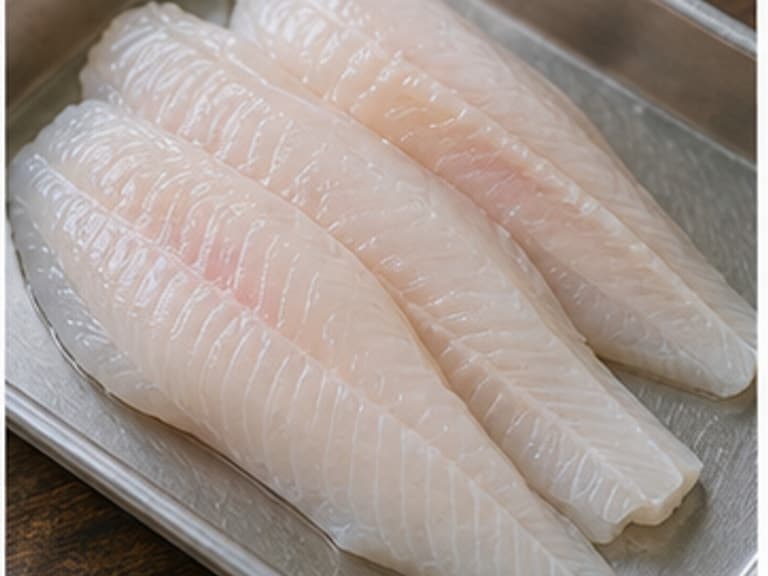 白肉鱼片AI 拟真教学图:真实食材照片:必须是 白肉鱼片 / white fish fillets 本身,最好体现按净重称量,烹饪前单独备好。;不能用成品菜、插画或普通替代品。