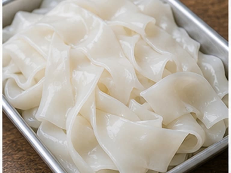 宽河粉AI 拟真教学图:真实食材照片:必须是 宽河粉 / wide rice noodles 本身,最好体现按净重称量,烹饪前单独备好。;不能用成品菜、插画或普通替代品。