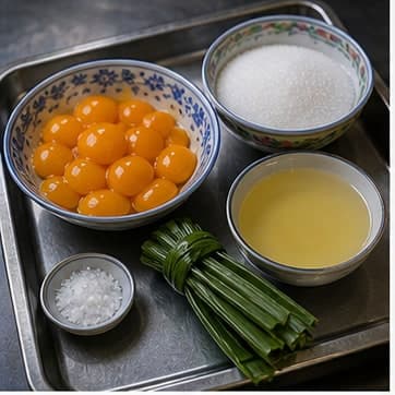 称量甜品材料AI 拟真教学图:真实前期准备照片:必须表现“称量甜品材料”,画面要能对应:按默认 2 人份称量 蛋黄、糖浆、盐、斑斓叶,糖浆、糖和少量盐分开装小碗。