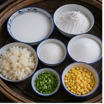 称量甜品材料AI 拟真教学图:真实前期准备照片:必须表现“称量甜品材料”,画面要能对应:按默认 2 人份称量 椰奶、米粉、葱、白糖、盐,椰奶、糖和盐分开装小碗。
