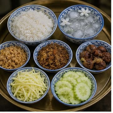 称量主料AI 拟真教学图:真实前期准备照片:必须表现“称量主料”,画面要能对应:按默认 2 人份称量 米饭、花水、配菜、蒜、鱼露,所有调味料单独放小碗。