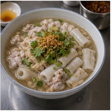 装盘AI 拟真教学图:真实烹饪过程照片:必须表现“装盘”。画面应对应动作:胡椒卷粉汤装盘,记录下一次要微调的咸酸甜比例。;加入材料:无新增材料;视觉标准:成品符合 Guay Jab 的颜色、香气和浓度。
