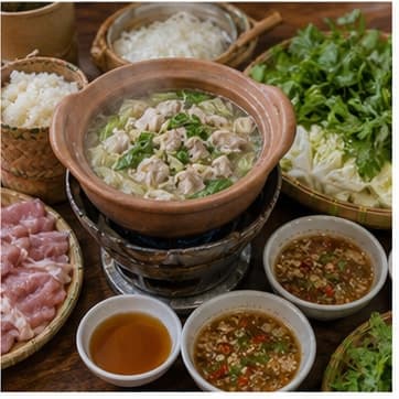 装盘AI 拟真教学图:真实烹饪过程照片:必须表现“装盘”。画面应对应动作:东北泰式火锅装盘,记录下一次要微调的咸酸甜比例。;加入材料:无新增材料;视觉标准:成品符合 Jim Jum 的颜色、香气和浓度。