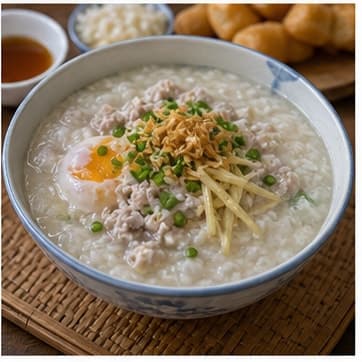 装盘AI 拟真教学图:真实烹饪过程照片:必须表现“装盘”。画面应对应动作:泰式猪肉粥装盘,记录下一次要微调的咸酸甜比例。;加入材料:无新增材料;视觉标准:成品符合 Jok Moo 的颜色、香气和浓度。