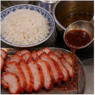 加入配料AI 拟真教学图:真实烹饪过程照片:必须表现“加入配料”。画面应对应动作:加入蔬菜、蘑菇、米粉或其他配料。;加入材料:米饭、甜酱、茉莉香米饭;视觉标准:配料颜色变亮但不过熟。
