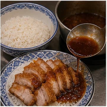 加入配料AI 拟真教学图:真实烹饪过程照片:必须表现“加入配料”。画面应对应动作:加入蔬菜、蘑菇、米粉或其他配料。;加入材料:米饭、甜酱、茉莉香米饭;视觉标准:配料颜色变亮但不过熟。