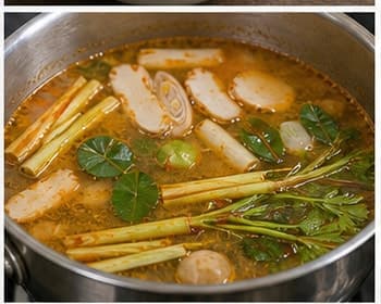 煮香料AI 拟真教学图:真实烹饪过程照片:必须表现“煮香料”。画面应对应动作:加入香茅、南姜、青柠叶、香菜根,小火滚 5 分钟。;加入材料:香茅、南姜、青柠叶、香菜根;视觉标准:汤面有草本油点。
