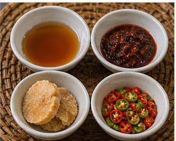 调味料分碗AI 拟真教学图:真实前期准备照片:必须表现“调味料分碗”,画面要能对应:鱼露、辣椒膏、糖、辣椒分别称好,避免煮虾时手忙脚乱。